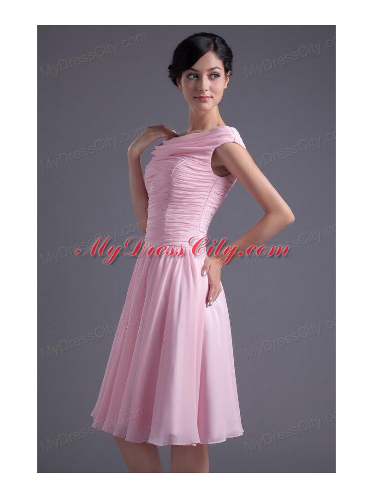 A-line Pink Off the Shoulder Chiffon Knee-length Ruching Prom Dress