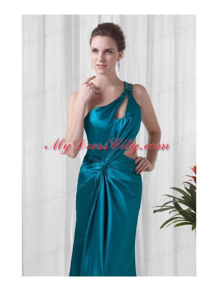 Column One Shoulder Teal Ruching Elastic Woven Satin Prom Dress with ...