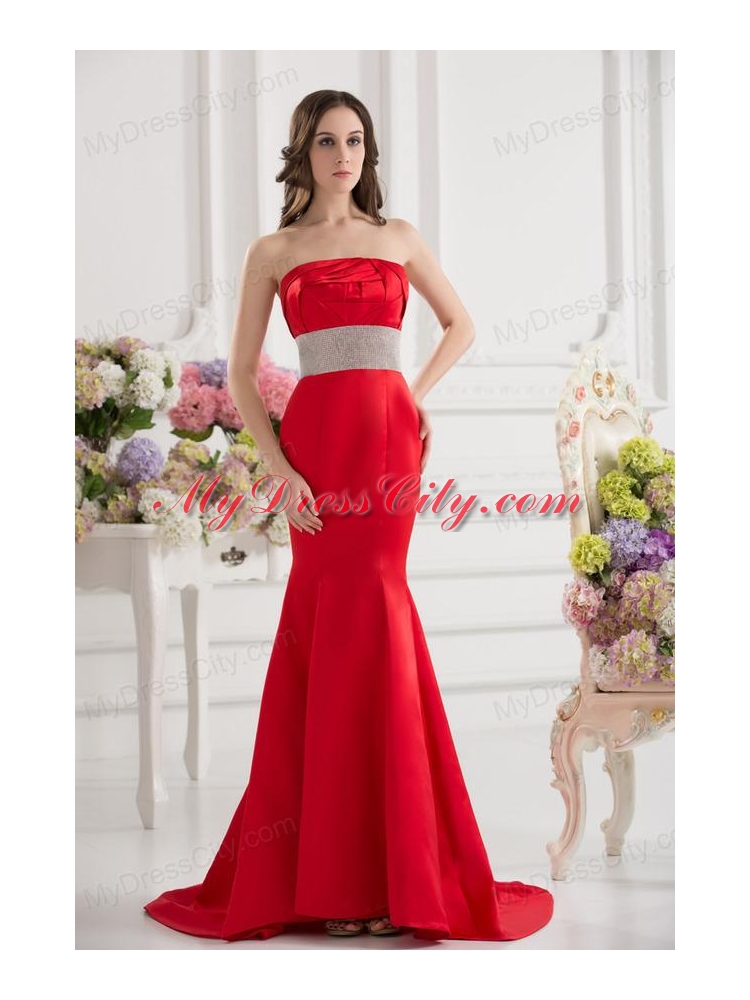 Red Mermaid Strapless Court Train Belt and Ruching Prom Dress ...