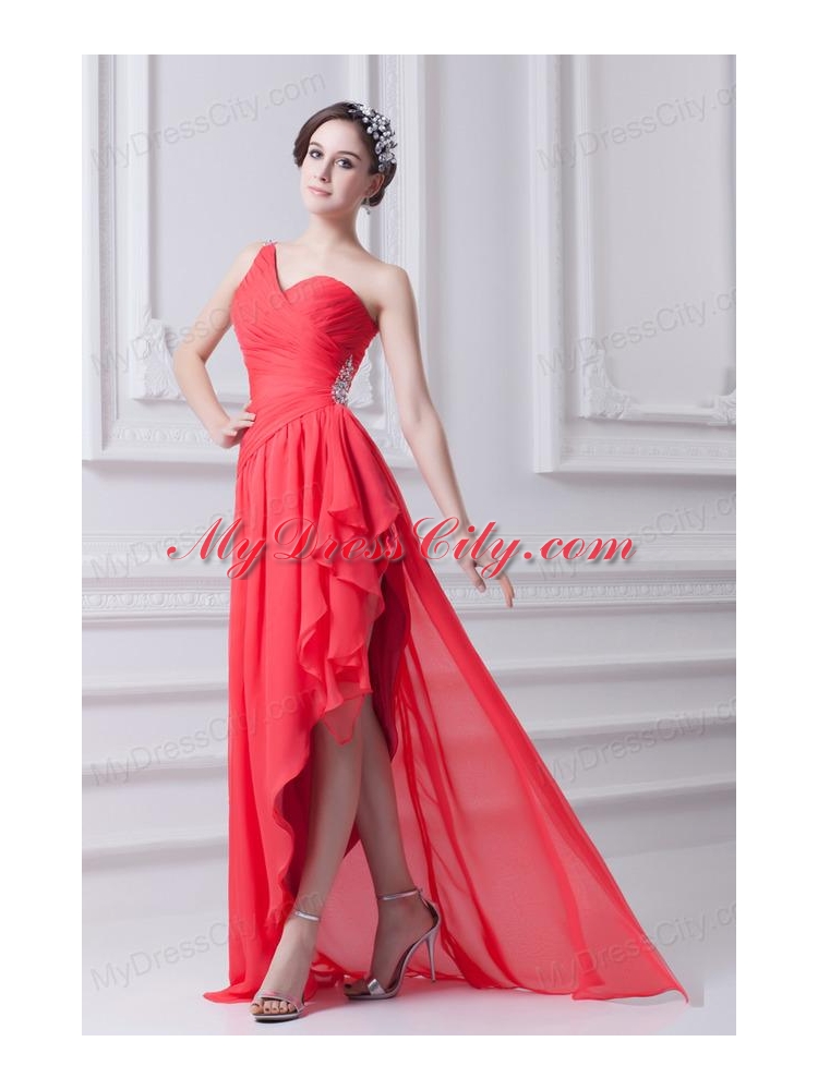 One Shoulder Asymmetrical Prom Dress with Ruching and Beading