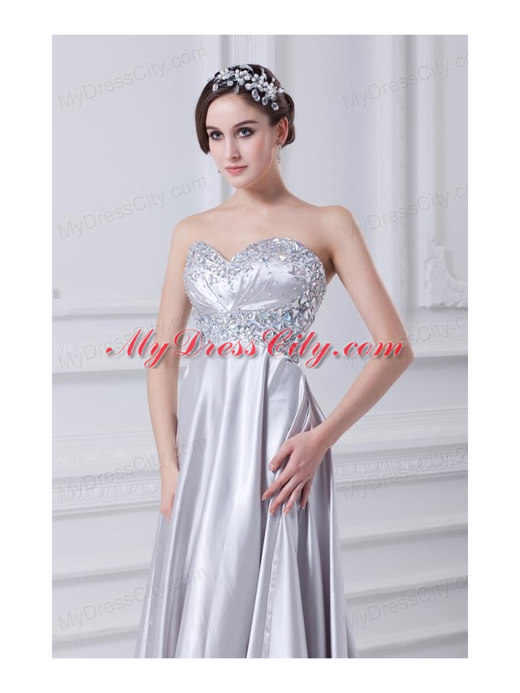 Silver A Line Sweetheart Taffeta Beading Brush Train Prom Dress