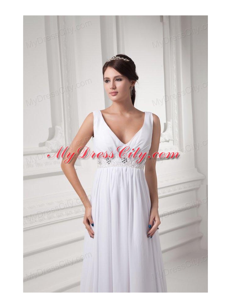 Empire V Neck Beading And Ruching Chiffon Long Wedding Dress 8417