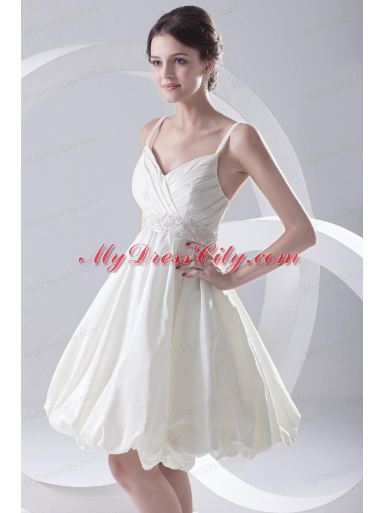 Cheap A-line Spaghetti Straps Knee-length Ruching Satin Wedding Dress