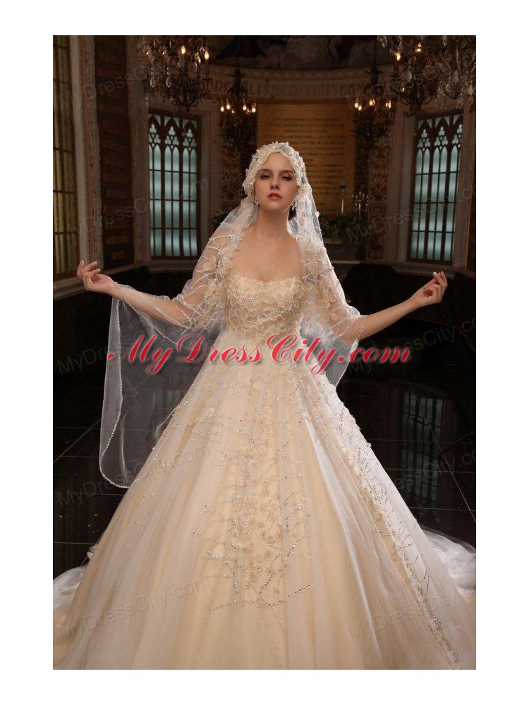 Champagne Ball Gown Sweetheart Hand Made Flower Tulle Wedding Dress