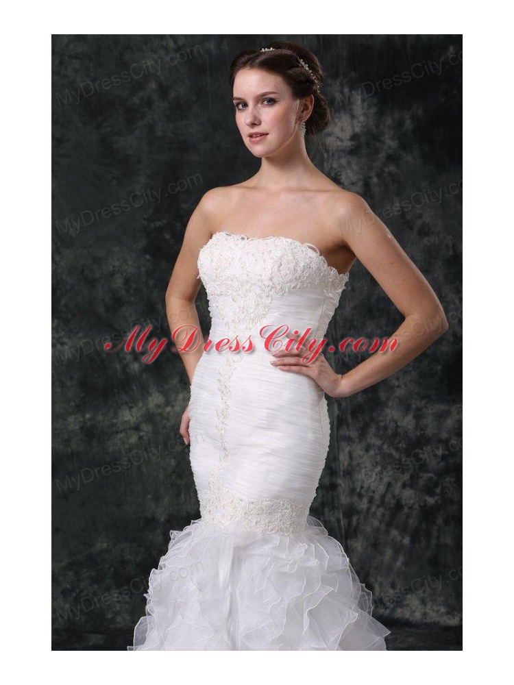 Mermaid Strapless Organza Ruffles And Ruching Wedding Dress With Court Train 8111