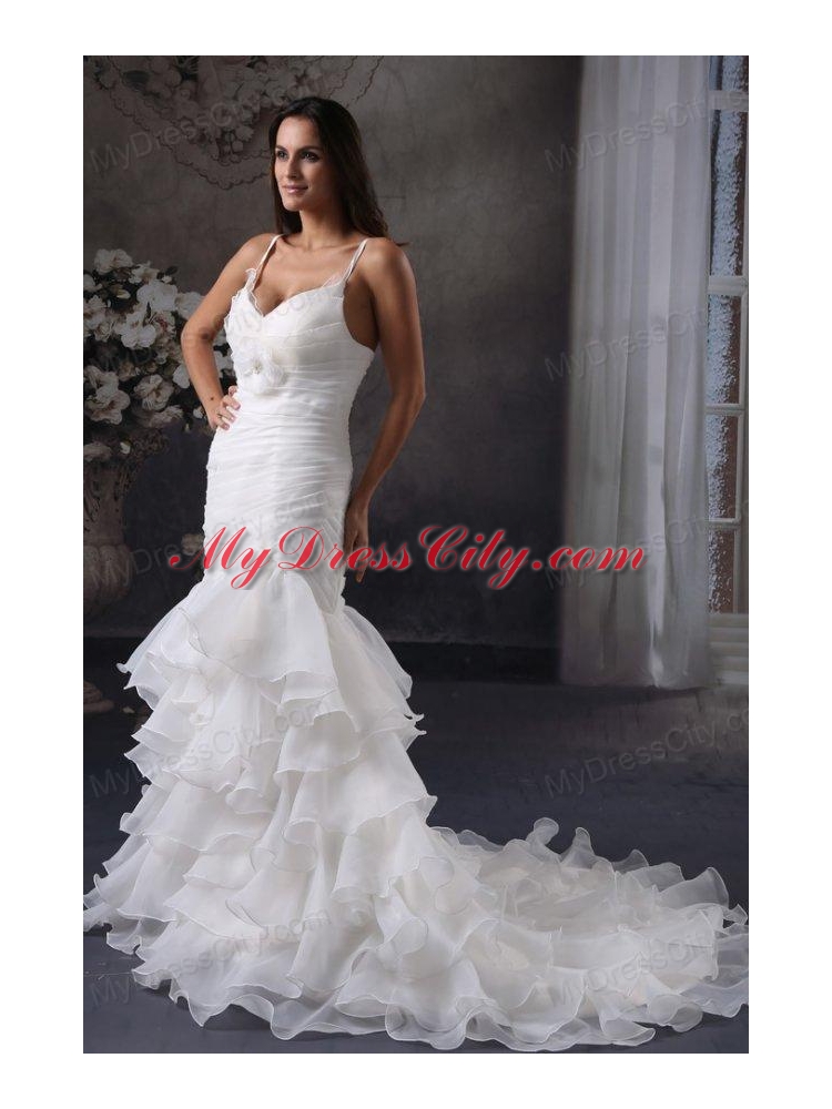 Mermaid Straps Lace Up Organza Ruching Wedding Dress 7424