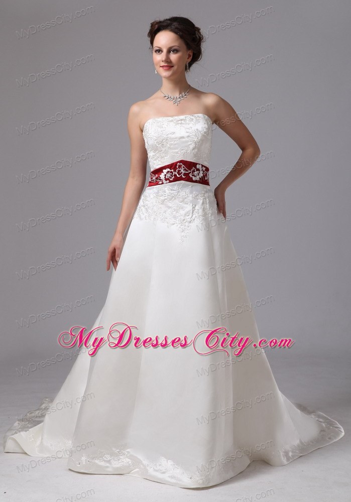 Strapless White Embroidery Chapel Train Wedding Dress with Wine Red Belt