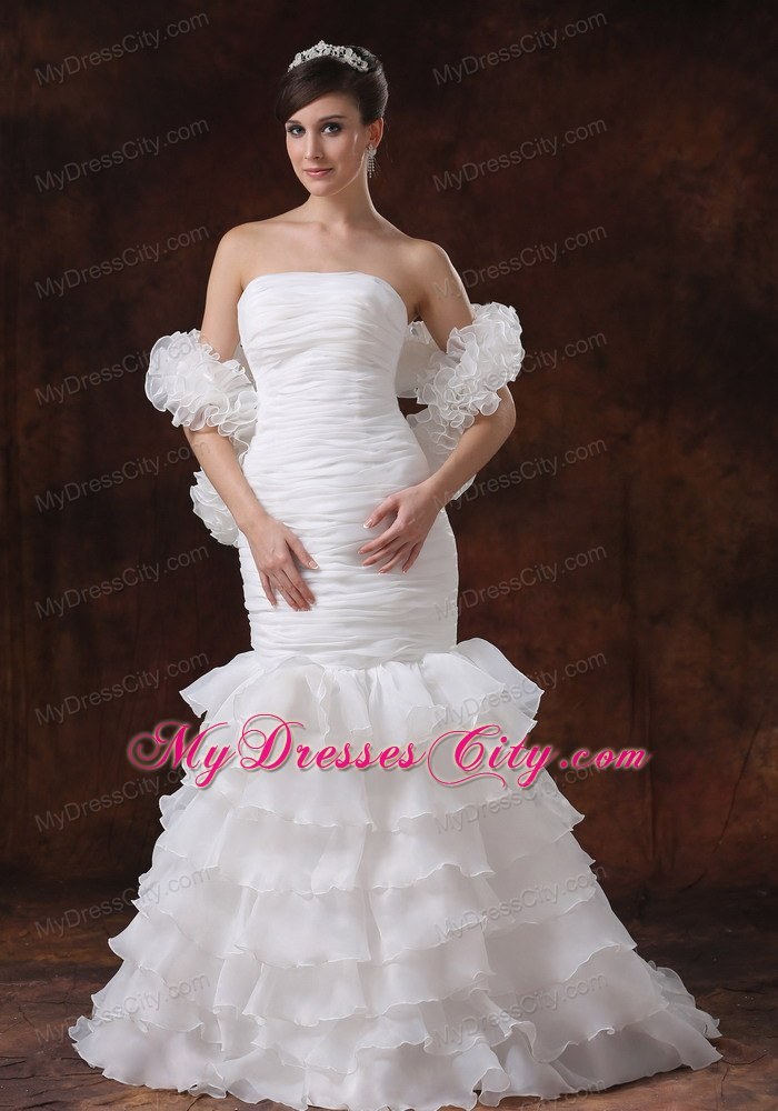 Mermaid Brush Train Organza Ruching Wedding Dress With Ruffled Layers 7738