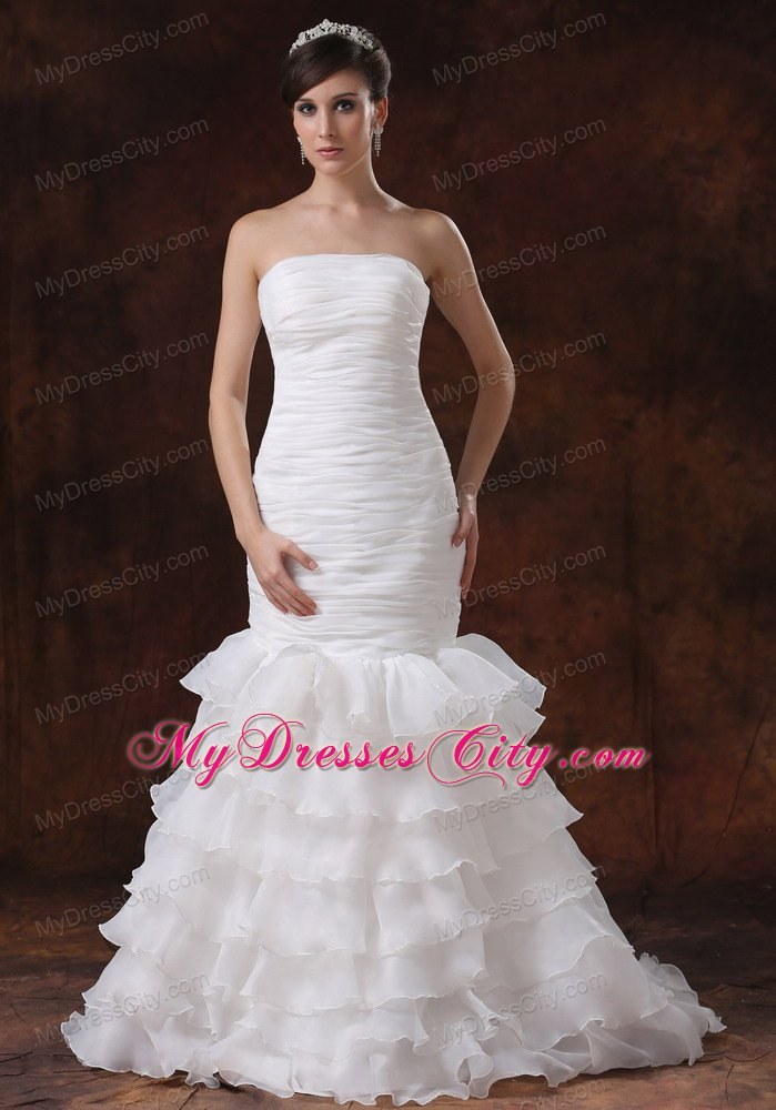 Mermaid Brush Train Organza Ruching Wedding Dress With Ruffled Layers 9558