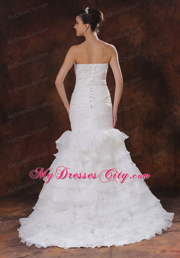 Mermaid Brush Train Organza Ruching Wedding Dress With Ruffled Layers 1314