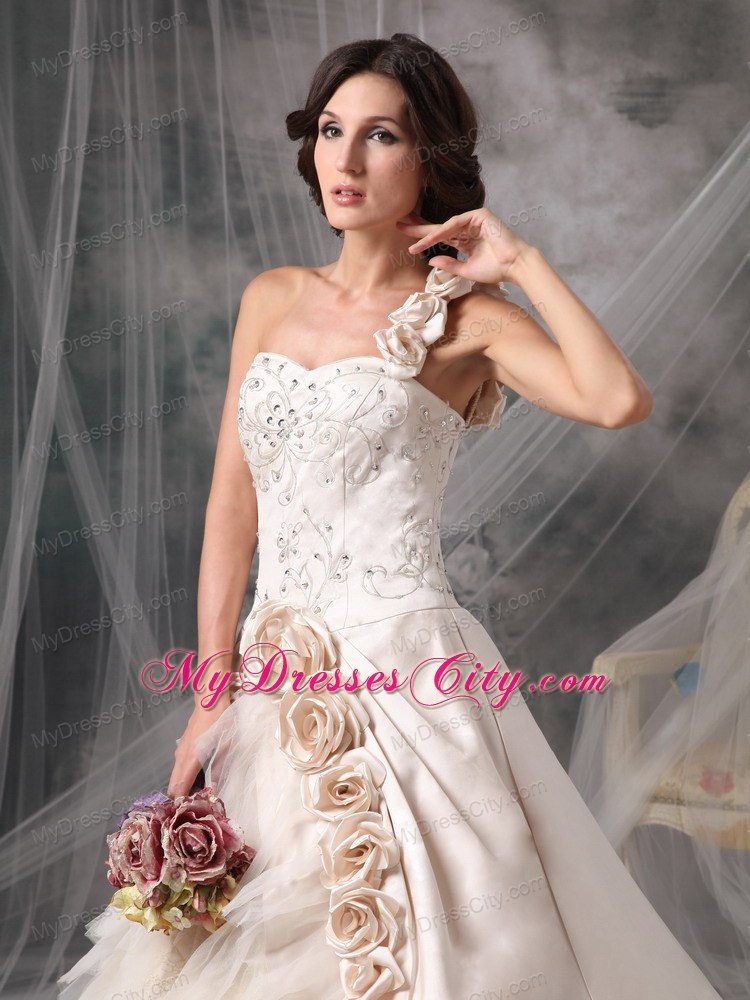 Champagne One Shoulder Chapel Train Bridal Gown with Flowers and Embroidery