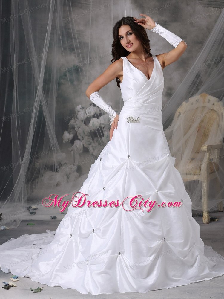 A-line V-neck Court Train Beading Wedding Dress with Pick-ups ...