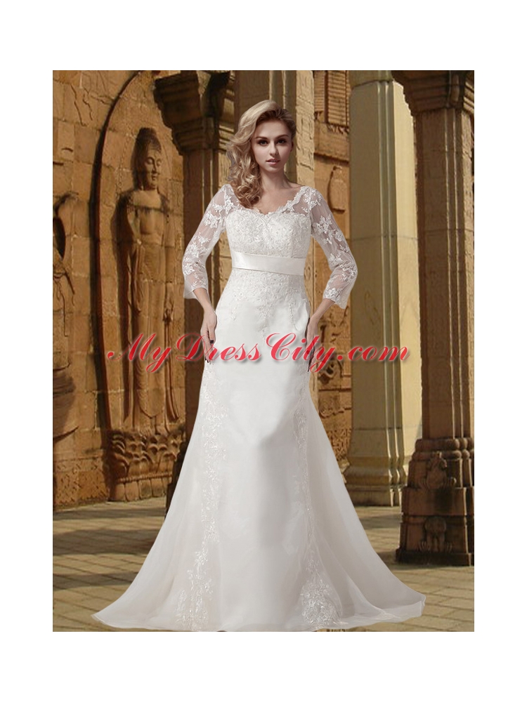 White A Line V Neck Court Train 2015 Wedding Dress with 3/4 Sleeves