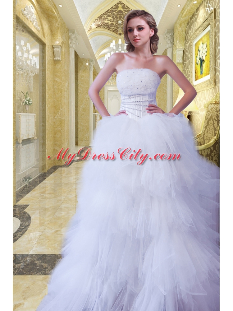 Romantic Strapless A Line Beading Brush Train Wedding Dress for 2015