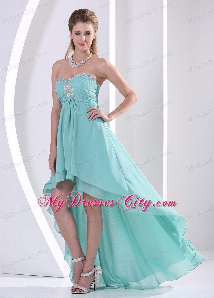 High-low Turquoise Homecoming Dress With Beading and Ruche For Party