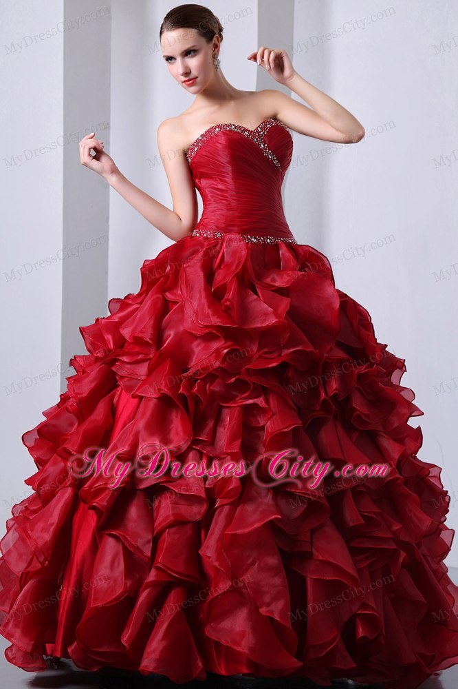 Wine Red Floor-length Organza Quinceanera Dress with Ruffles ...