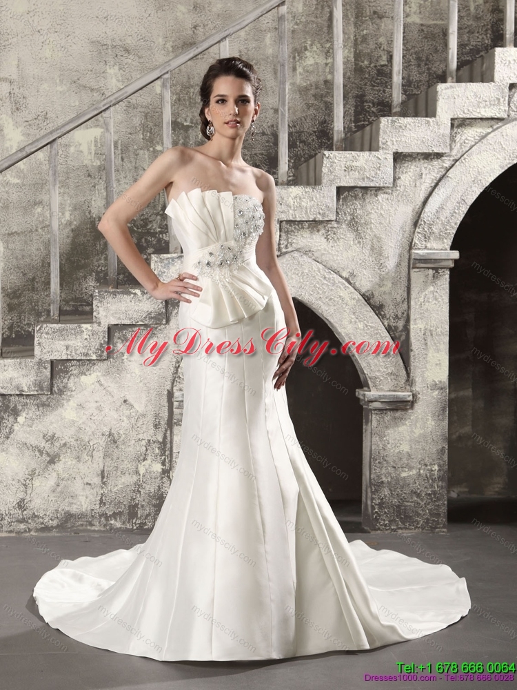 2015 Exquisite Mermaid Strapless Wedding Dress With Ruching And Beading 0949
