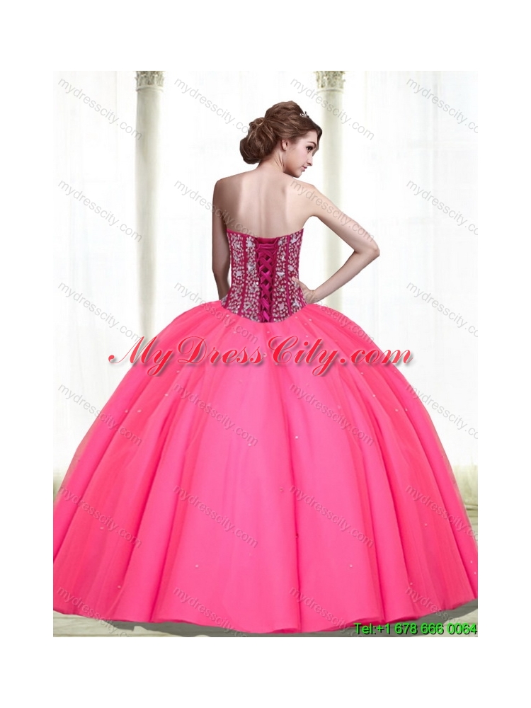 2015 Popular Ball Gown Beading Sweetheart Hot Pink Quinceanera Dresses