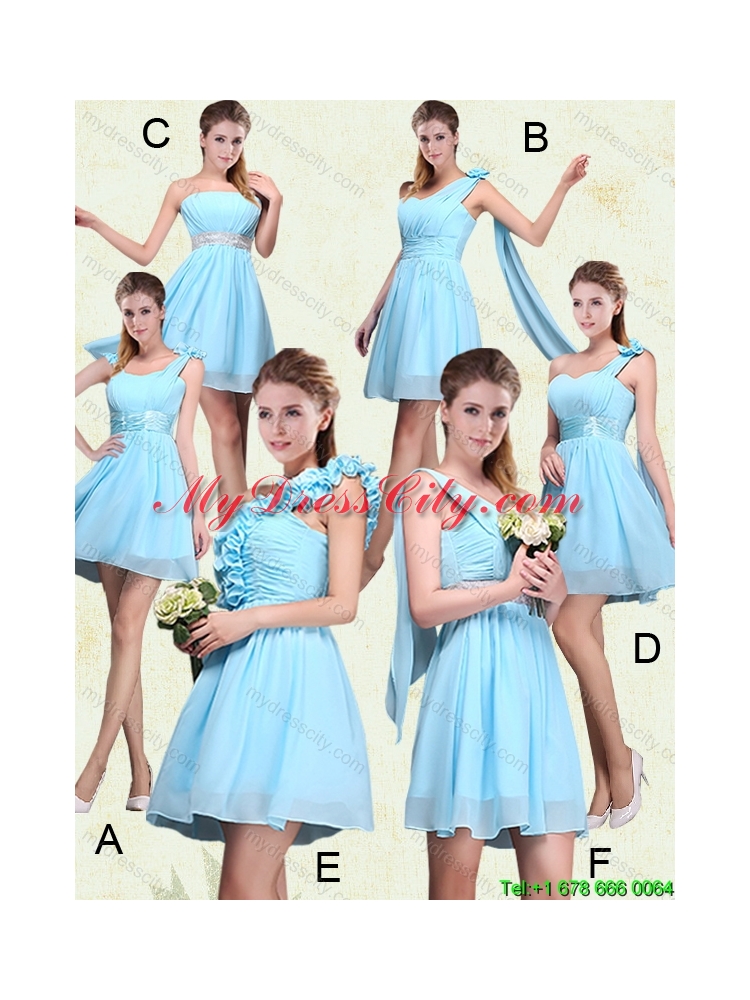 2015 Ruching Chiffon Aqua Blue Beautiful Dama Dresses with Mini Length