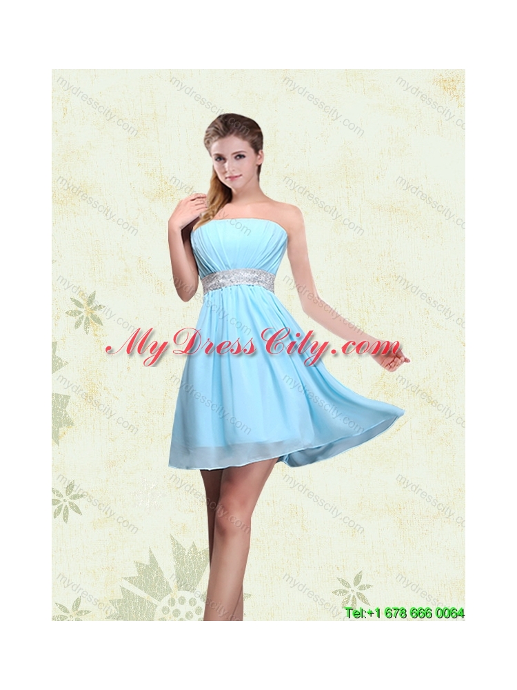 2015 Ruching Chiffon Aqua Blue Beautiful Dama Dresses with Mini Length