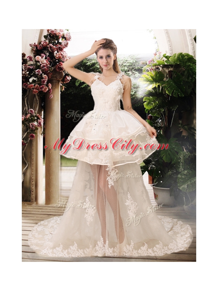 Latest Appliques Straps Wedding Dresses with Brush Train