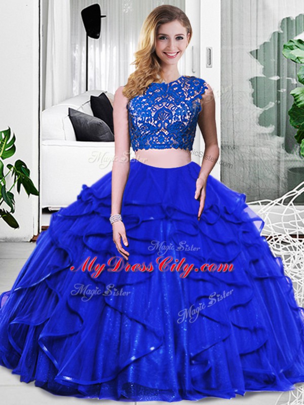 Two Pieces Quince Ball Gowns Royal Blue Scoop Tulle Sleeveless Floor Length Zipper