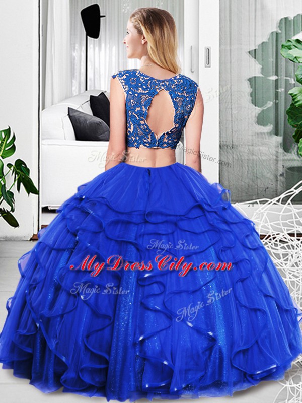 Two Pieces Quince Ball Gowns Royal Blue Scoop Tulle Sleeveless Floor Length Zipper