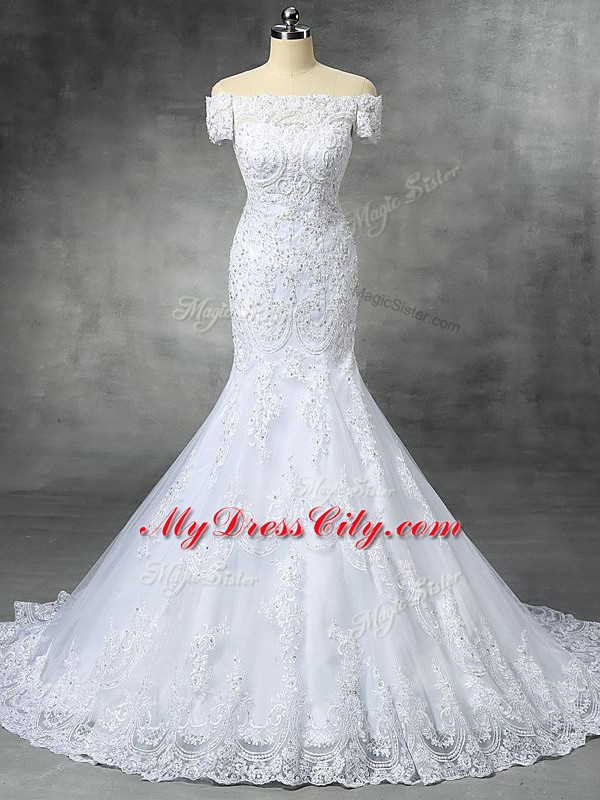 Glamorous Mermaid Sleeveless White Wedding Gown Brush Train Zipper