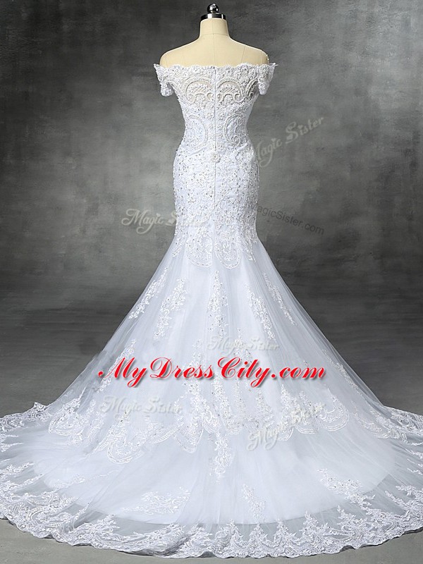 Glamorous Mermaid Sleeveless White Wedding Gown Brush Train Zipper