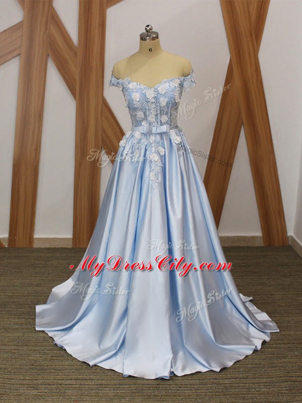 Luxury Appliques and Belt Evening Wear Light Blue Lace Up Sleeveless Floor Length