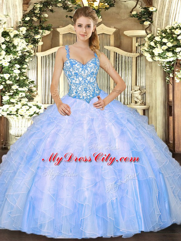 Sleeveless Floor Length Beading and Ruffles Lace Up Ball Gown Prom Dress with Baby Blue