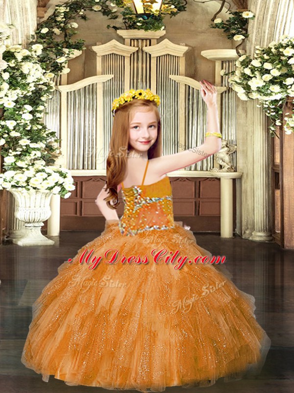 Floor Length Lace Up Girls Pageant Dresses Rust Red for Party and Quinceanera with Beading and Ruffles