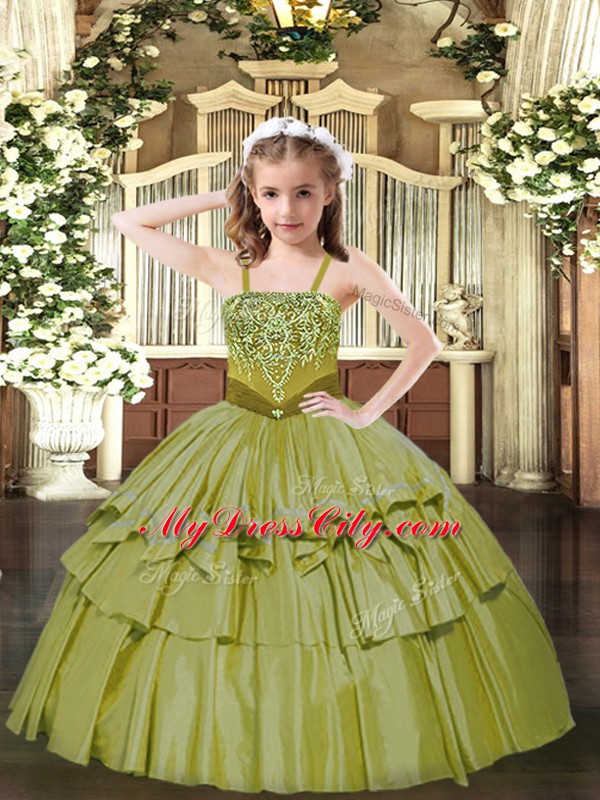 Dazzling Olive Green Lace Up Straps Beading and Ruffled Layers Kids Formal Wear Organza Sleeveless