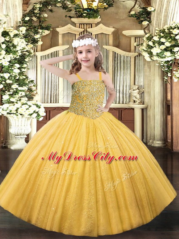 Custom Made Floor Length Gold Little Girl Pageant Dress Straps Sleeveless Lace Up
