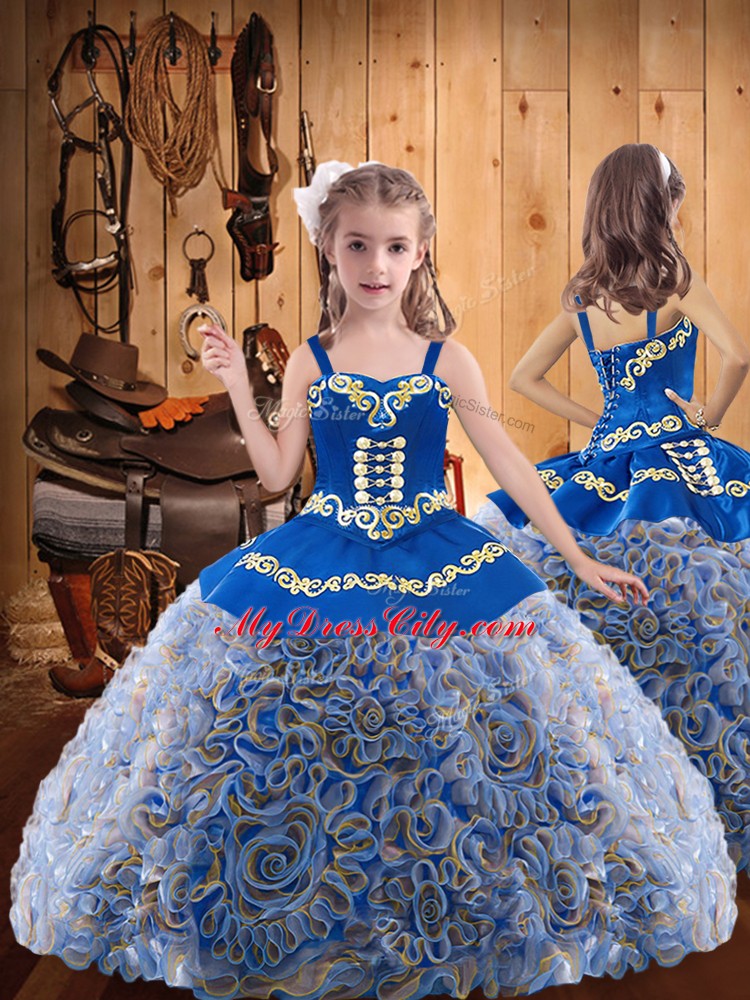 Perfect Multi-color Fabric With Rolling Flowers Lace Up Girls Pageant Dresses Sleeveless Floor Length Embroidery and Ruffles