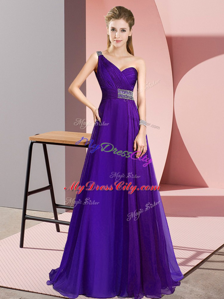 Hot Selling Purple Formal Evening Gowns Chiffon Brush Train Sleeveless Beading