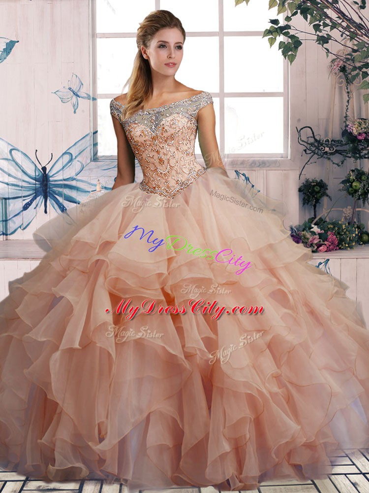 Super Sleeveless Floor Length Beading and Ruffles Lace Up Sweet 16 Quinceanera Dress with Pink
