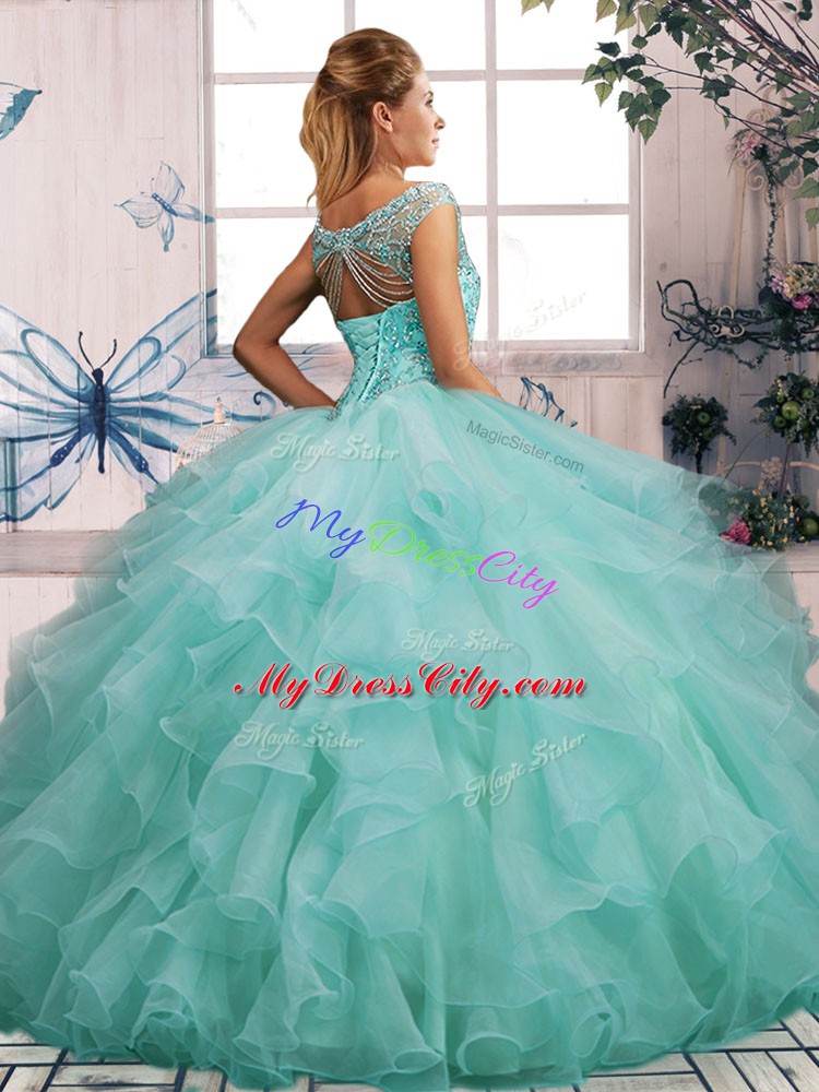 Super Sleeveless Floor Length Beading and Ruffles Lace Up Sweet 16 Quinceanera Dress with Pink