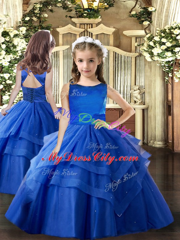 Floor Length Royal Blue Pageant Dress Womens Scoop Sleeveless Lace Up