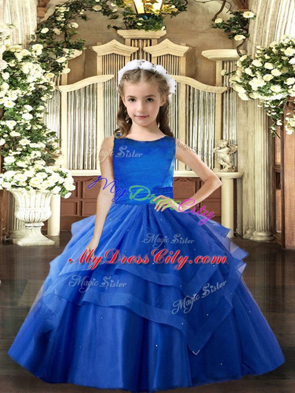 Floor Length Royal Blue Pageant Dress Womens Scoop Sleeveless Lace Up