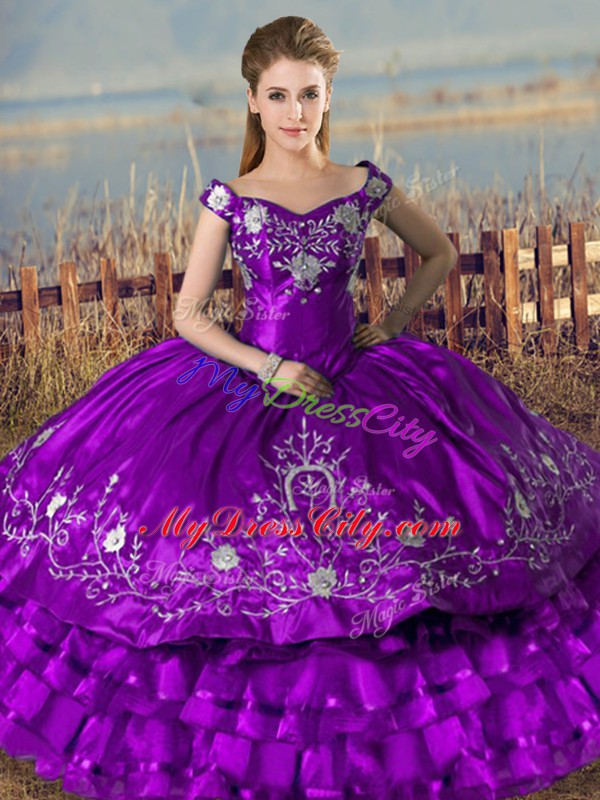 Purple Satin and Organza Lace Up Quinceanera Gown Sleeveless Floor ...