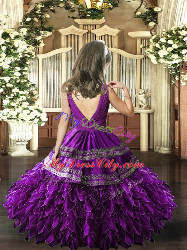 Floor Length Eggplant Purple Glitz Pageant Dress V Neck Sleeveless Backless 