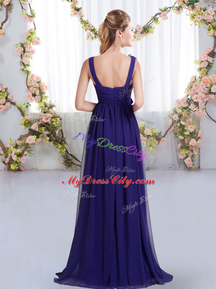 Purple Sleeveless Floor Length Belt and Hand Made Flower Zipper Wedding Party Dress