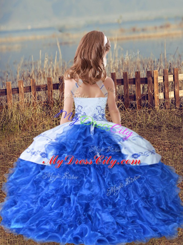 Baby Blue Kids Formal Wear Wedding Party with Beading and Embroidery and Ruffles Halter Top Sleeveless Lace Up