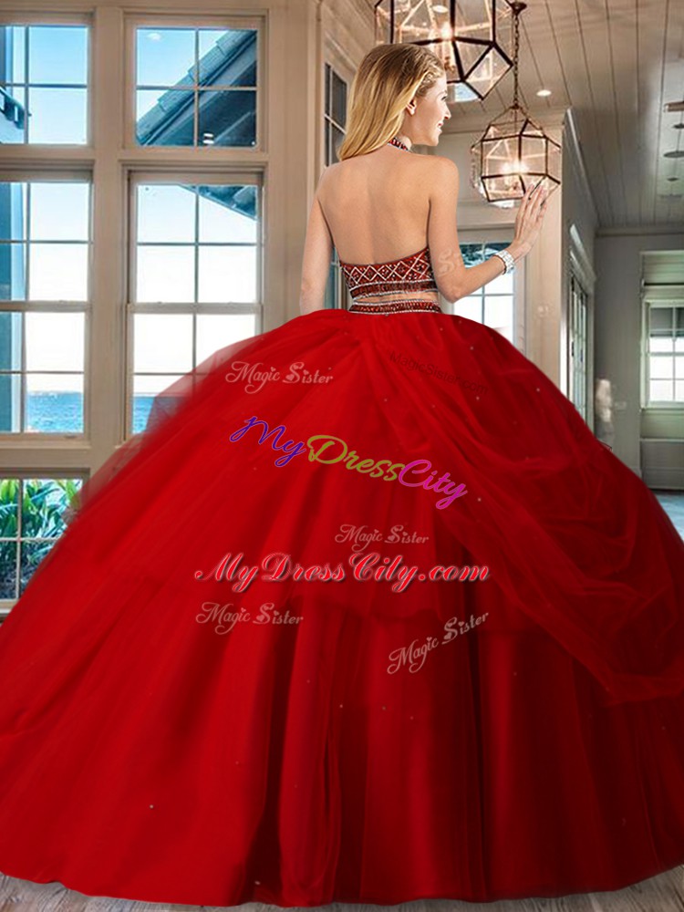 Red Halter Top Backless Beading Quinceanera Gown Sleeveless