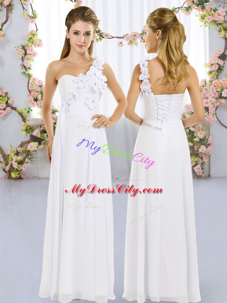White Wedding Guest Dresses Wedding Party with Hand Made Flower One Shoulder Sleeveless Lace Up