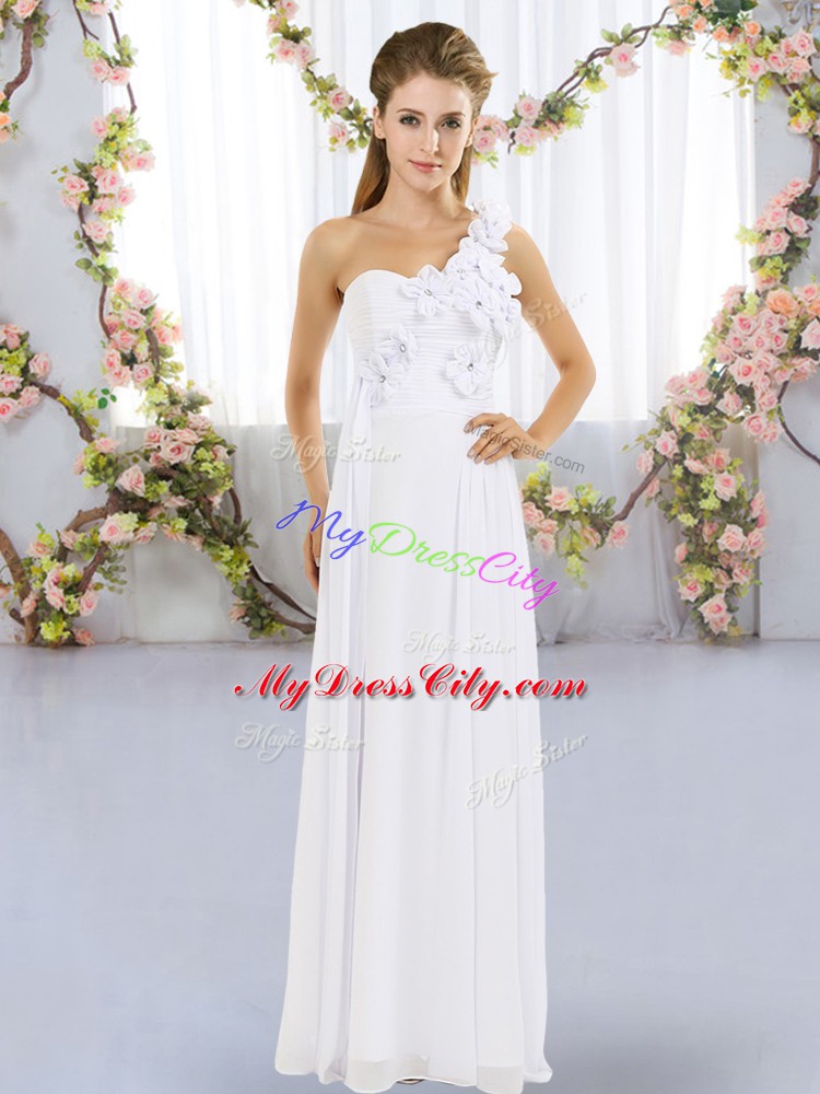 White Wedding Guest Dresses Wedding Party with Hand Made Flower One Shoulder Sleeveless Lace Up