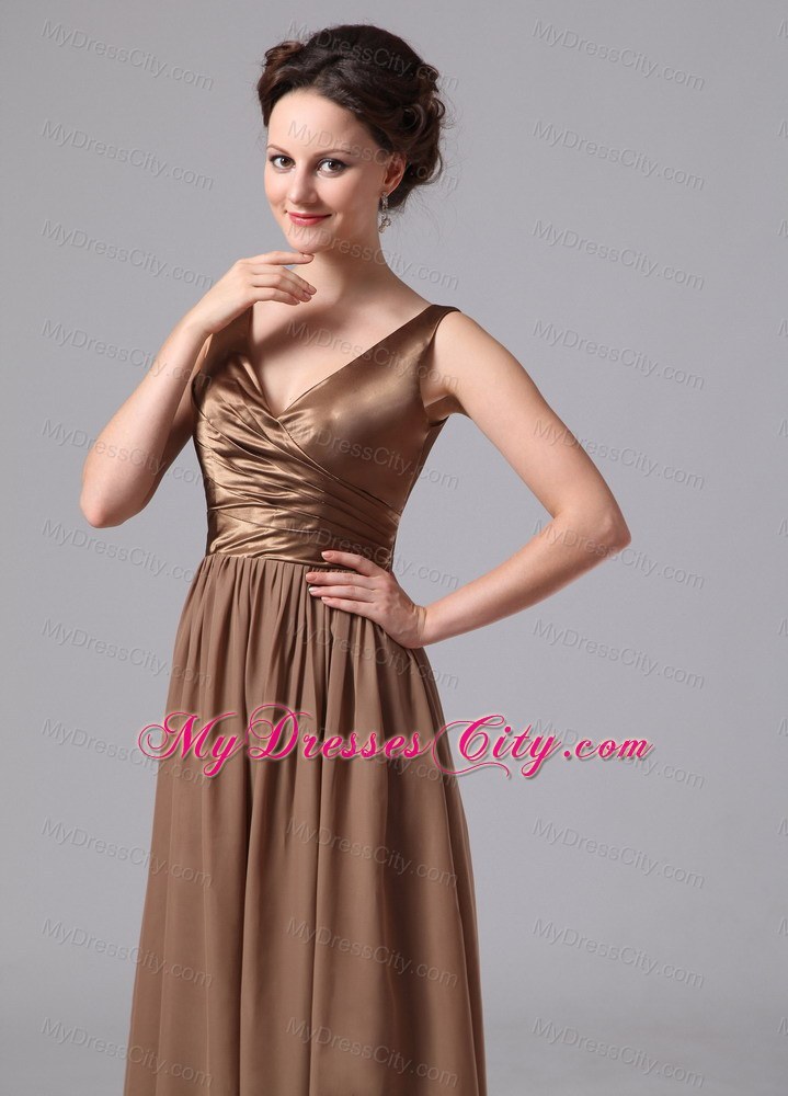 V-neck Satin and Chiffon Ruches Brown Prom Dress with V-Back ...