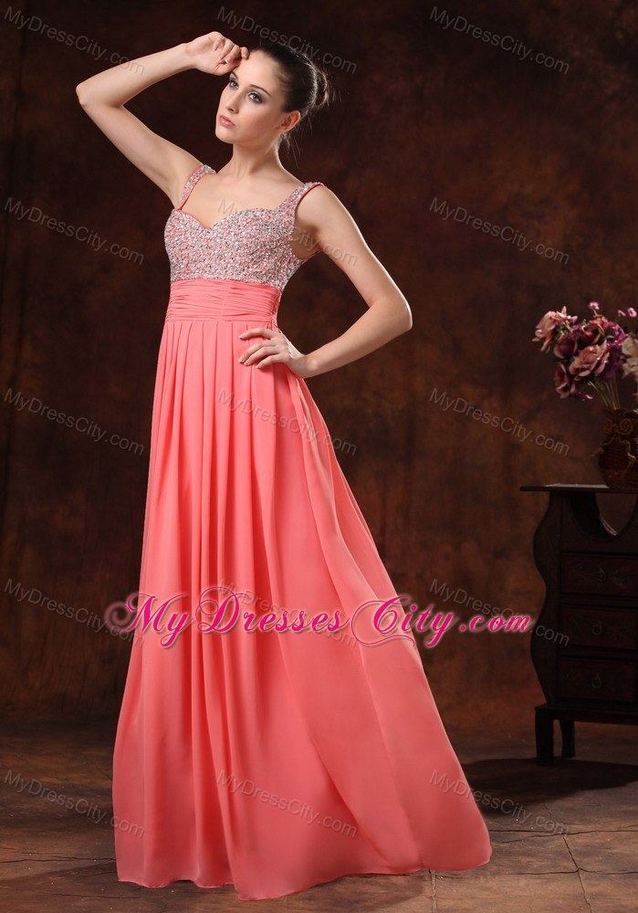 Beaded Straps Watermelon Chiffon 2013 Long Evening Dress 0375