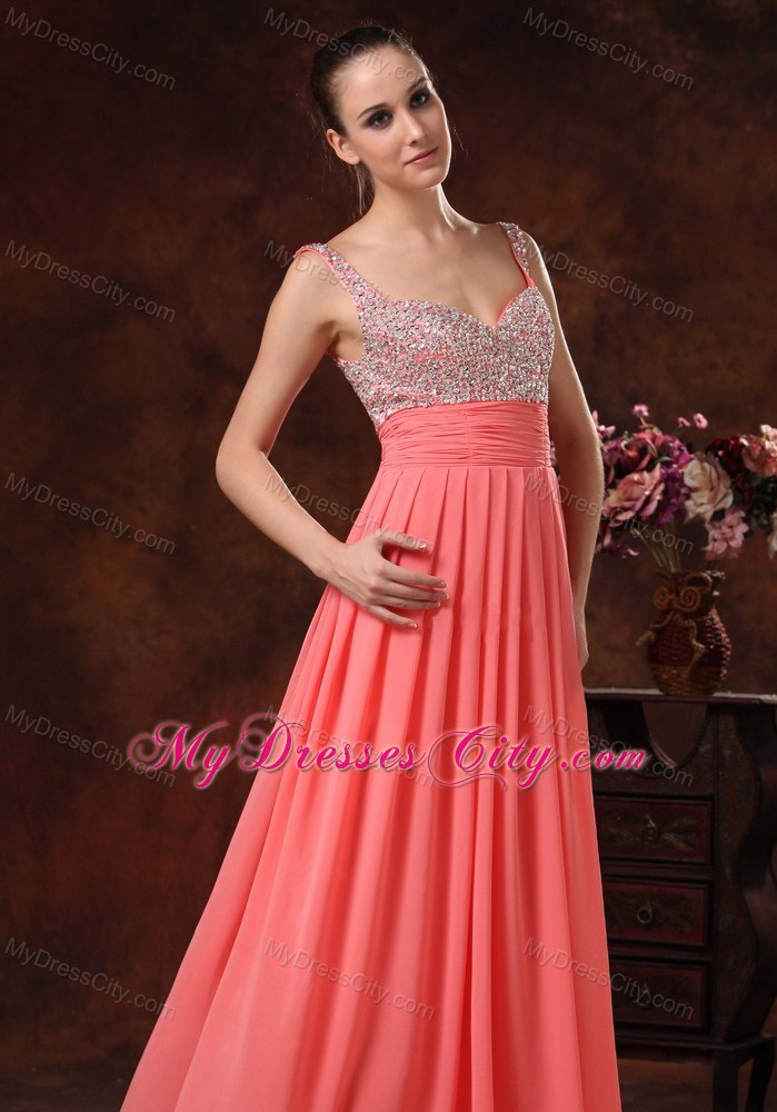 Beaded Straps Watermelon Chiffon 2013 Long Evening Dress 0926